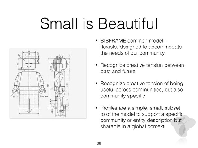 Small is Beautiful
• BIBFRAME common model -
ﬂexible, designed to accommodate
the needs of our community.
• Recognize creative tension between
past and future
• Recognize creative tension of being
useful across communities, but also
community speciﬁc
• Proﬁles are a simple, small, subset
to of the model to support a speciﬁc
community or entity description but
sharable in a global context
36
