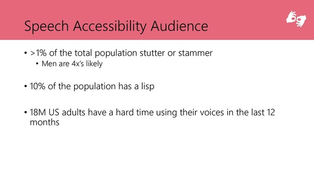 Speech Accessibility Audience
• >1% of the total population stutter or stammer
• Men are 4x’s likely
• 10% of the population has a lisp
• 18M US adults have a hard time using their voices in the last 12
months
