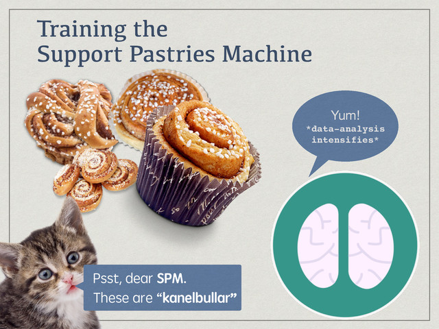 Training the 
Support Pastries Machine
Psst, dear SPM. 
These are “kanelbullar”
Yum! 
*data-analysis
intensifies*
