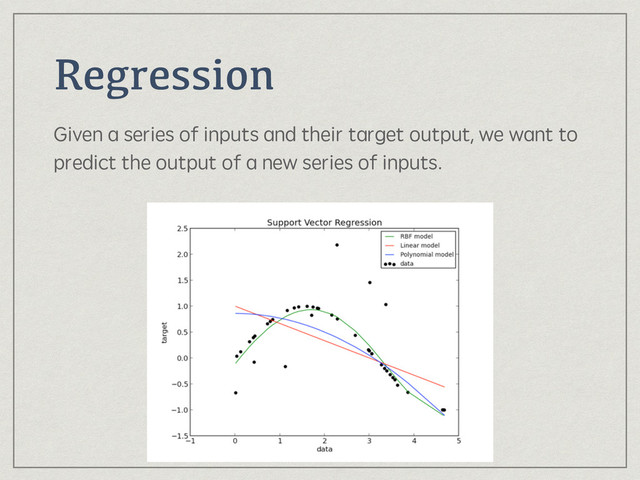 Regression
Given a series of inputs and their target output, we want to
predict the output of a new series of inputs.
