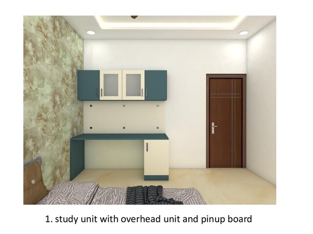 1. study unit with overhead unit and pinup board
