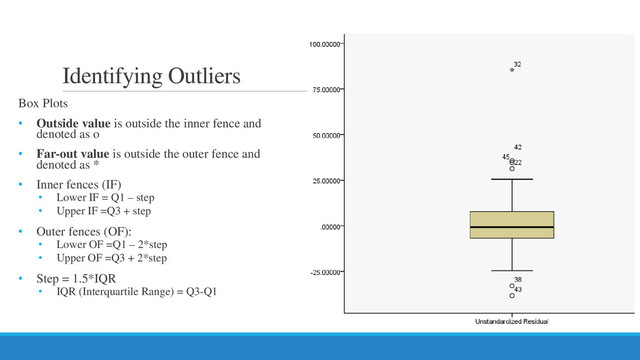 Identifying Outliers
Box Plots
• Outside value is outside the inner fence and
denoted as o
• Far-out value is outside the outer fence and
denoted as *
• Inner fences (IF)
• Lower IF = Q1 – step
• Upper IF =Q3 + step
• Outer fences (OF):
• Lower OF =Q1 – 2*step
• Upper OF =Q3 + 2*step
• Step = 1.5*IQR
• IQR (Interquartile Range) = Q3-Q1
