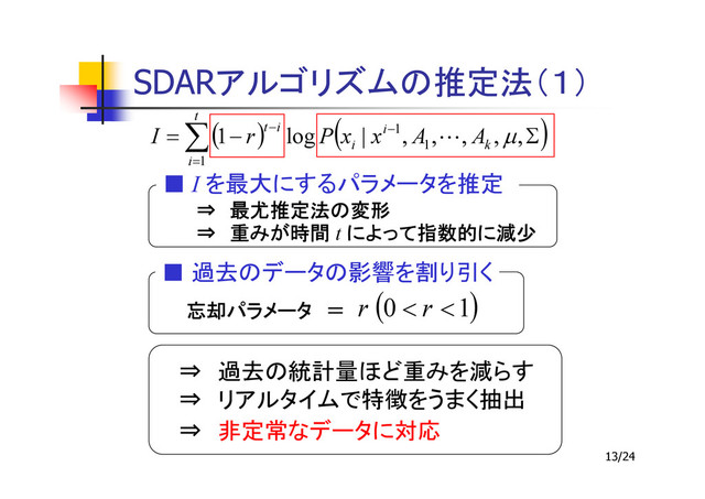 13/24
SDAR
( ) ( )
Σ
−
= −
=
−
∑ ,
,
,
,
,
|
log
1
1
1
1
µ
k
i
i
t
i
i
t A
A
x
x
P
r
I L
■ I
⇒
⇒
⇒
⇒
⇒
⇒
⇒
⇒ t
■
( )
1
0 <
< r
r
⇒
⇒
⇒

