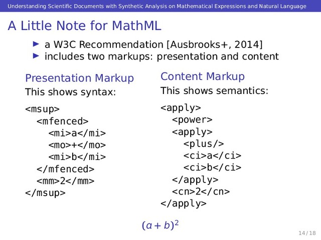 Understanding Scientiﬁc Documents with Synthetic Analysis on Mathematical Expressions and Natural Language
A Little Note for MathML
a W3C Recommendation [Ausbrooks+, 2014]
includes two markups: presentation and content
Presentation Markup
This shows syntax:


a
+
b

2

Content Markup
This shows semantics:




a
b

2

( + b)2
14 / 18
