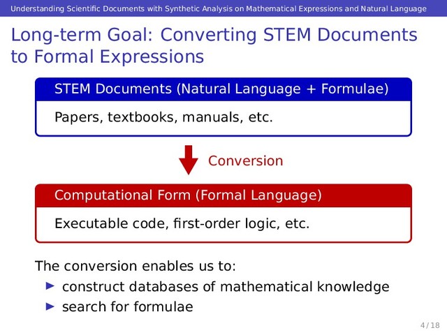 Understanding Scientiﬁc Documents with Synthetic Analysis on Mathematical Expressions and Natural Language
Long-term Goal: Converting STEM Documents
to Formal Expressions
STEM Documents (Natural Language + Formulae)
Papers, textbooks, manuals, etc.
Conversion
Computational Form (Formal Language)
Executable code, ﬁrst-order logic, etc.
The conversion enables us to:
construct databases of mathematical knowledge
search for formulae
4 / 18

