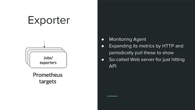 Exporter
● Monitoring Agent
● Expanding its metrics by HTTP and
periodically pull these to show
● So-called Web server for just hitting
API

