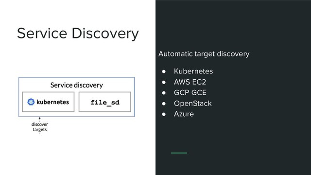 Service Discovery
Automatic target discovery
● Kubernetes
● AWS EC2
● GCP GCE
● OpenStack
● Azure
