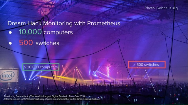 Dream Hack Monitoring with Prometheus
● 10,000 computers
● 500 swtiches
Monitoring DreamHack - The World's Largest Digital Festival | PromCon 2016
https://promcon.io/2016-berlin/talks/monitoring-dreamhack-the-worlds-largest-digital-festival/
