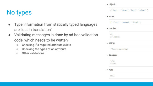 ● Type information from statically typed languages
are ‘lost in translation’
● Validating messages is done by ad-hoc validation
code, which needs to be written
○ Checking if a required attribute exists
○ Checking the types of an attribute
○ Other validations
No types
