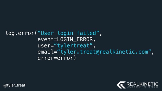 @tyler_treat
log.error(“User login failed”,
event=LOGIN_ERROR,
user=“tylertreat”,
email=“tyler.treat@realkinetic.com”,
error=error)
