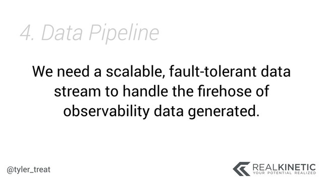 @tyler_treat
We need a scalable, fault-tolerant data
stream to handle the ﬁrehose of
observability data generated.
4. Data Pipeline
