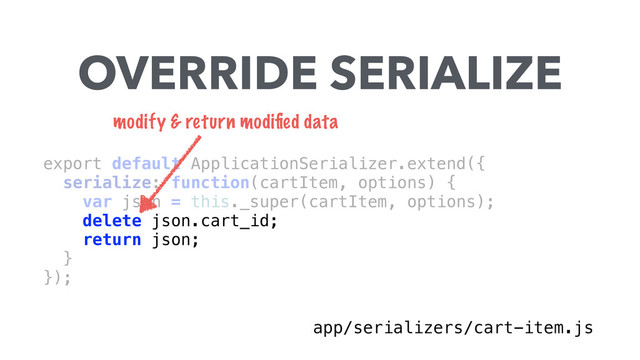 export default ApplicationSerializer.extend({ 
serialize: function(cartItem, options) { 
var json = this._super(cartItem, options); 
delete json.cart_id; 
return json; 
} 
}); 
OVERRIDE SERIALIZE
app/serializers/cart-item.js
modify & return modiﬁed data
