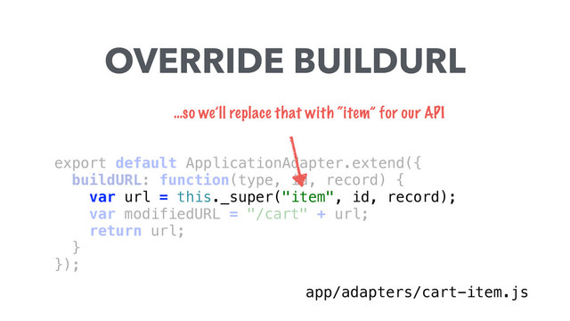 export default ApplicationAdapter.extend({ 
buildURL: function(type, id, record) { 
var url = this._super("item", id, record);
var modifiedURL = "/cart" + url;
return url; 
} 
});
OVERRIDE BUILDURL
app/adapters/cart-item.js
…so we’ll replace that with “item” for our API
