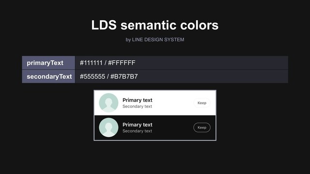 LDS semantic colors
by LINE DESIGN SYSTEM
primaryText #111111 / #FFFFFF
secondaryText #555555 / #B7B7B7
