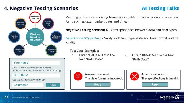 19 BUILD SOFTWARE TO TEST SOFTWARE
AI Testing Talks
Test Case Examples:
1. Enter “1987/02/17” in the
ﬁeld “Birth Date”.
2. Enter “1987-02-45” in the ﬁeld
“Birth Date”.
4. Negative Testing Scenarios
What are
Negative
Test Cases?
Data Bounds
Test
Field Size
Test
Necessary
Data Entry
Data Format/
Type Test
Implanted
Single
Quote
Performance
Modification
Web Session
Testing
An error occurred.
The date format is incorrect.
Retry
An error occurred.
The specified day is invalid.
Retry
Your Name*
(Only a-z and A-Z characters, no numbers
or special characters, maximum 10 characters long)
(Use the date format YYYY-MM-DD)
Birth Date*
Comments Save
Most digital forms and dialog boxes are capable of receiving data in a certain
form, such as text, number, date, and time.
Negative Testing Scenario 4 – Correspondence between data and ﬁeld types.
Data Format/Type Test – Verify each ﬁeld type, date and time format and its
validity.
