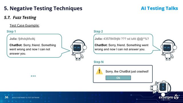 56 BUILD SOFTWARE TO TEST SOFTWARE
AI Testing Talks
Sorry, the ChatBot just crashed!
Ok
!
5. Negative Testing Techniques
5.7. Fuzz Testing
Test Case Example:
Julia: fjdhdsjkfsdkj
ChatBot: Sorry, friend. Something
went wrong and now I can not
answer you.
Step 1
Julia: 4357845hjfd ??? sd iufd @@^%?
ChatBot: Sorry, friend. Something went
wrong and now I can not answer you.
Step 2
Step N
…
