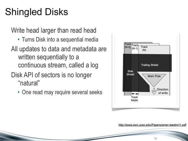 Seagate Confidential: Subject to NDA
No. 77103, effective Jan. 18, 2009,
and all applicable supplements
Shingled Disks
Write head larger than read head
• Turns Disk into a sequential media
All updates to data and metadata are
written sequentially to a
continuous stream, called a log
Disk API of sectors is no longer
“natural”
• One read may require several seeks
http://www.ssrc.ucsc.edu/Papers/amer-ieeetm11.pdf
11
