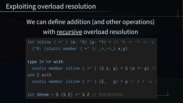 We can define addition (and other operations)
with recursive overload resolution
Exploiting overload resolution
