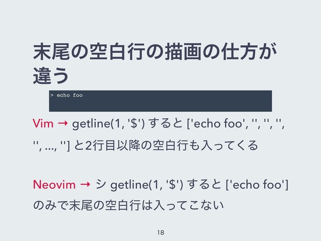 ຤ඌͷۭനߦͷඳըͷ࢓ํ͕
ҧ͏
Vim → getline(1, '$') ͢Δͱ ['echo foo', '', '', '',
'', ..., ''] ͱ2ߦ໨Ҏ߱ͷۭനߦ΋ೖͬͯ͘Δ
Neovim → γ getline(1, '$') ͢Δͱ ['echo foo']
ͷΈͰ຤ඌͷۭനߦ͸ೖͬͯ͜ͳ͍
> echo foo


