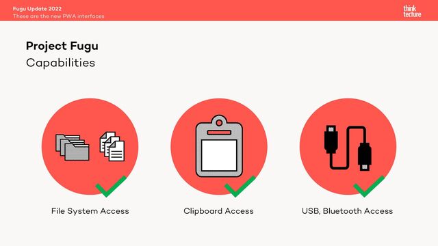 Capabilities
Fugu Update 2022
These are the new PWA interfaces
Project Fugu
File System Access Clipboard Access USB, Bluetooth Access
