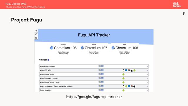 Fugu Update 2022
These are the new PWA interfaces
Project Fugu
https://goo.gle/fugu-api-tracker
P
