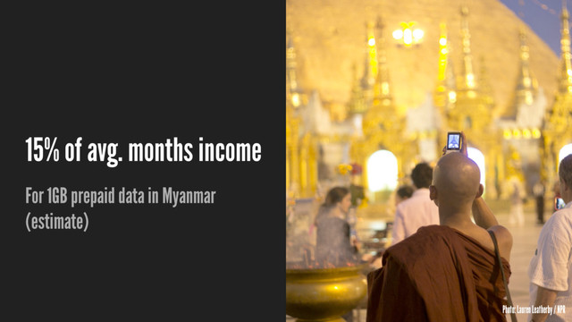 15% of avg. months income
For 1GB prepaid data in Myanmar
(estimate)
Photo: Lauren Leatherby / NPR
