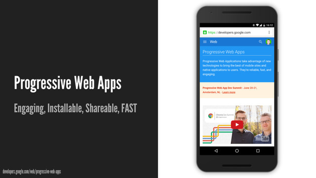 Progressive Web Apps
Engaging, Installable, Shareable, FAST
developers.google.com/web/progressive-web-apps
