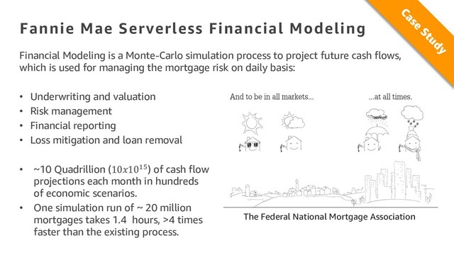 Fannie Mae Serverless Financial Modeling
Financial Modeling is a Monte-Carlo simulation process to project future cash flows,
which is used for managing the mortgage risk on daily basis:
• Underwriting and valuation
• Risk management
• Financial reporting
• Loss mitigation and loan removal
• ~10 Quadrillion (10#10$%) of cash flow
projections each month in hundreds
of economic scenarios.
• One simulation run of ~ 20 million
mortgages takes 1.4 hours, >4 times
faster than the existing process.
Federal National Mortgage Association
The Federal National Mortgage Association
Case
Study

