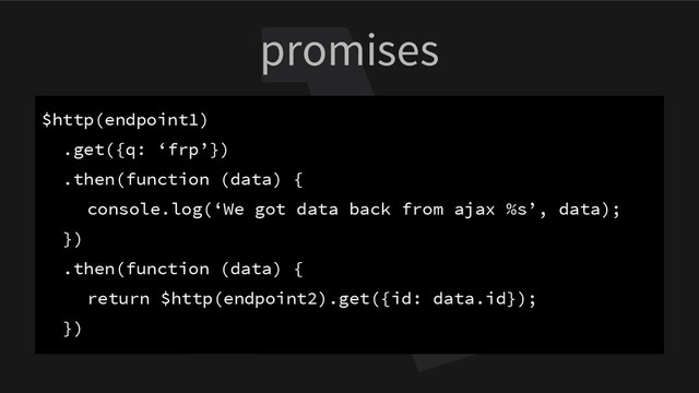 promises
$http(endpoint1)
.get({q: ‘frp’})
.then(function (data) {
console.log(‘We got data back from ajax %s’, data);
})
.then(function (data) {
return $http(endpoint2).get({id: data.id});
})
