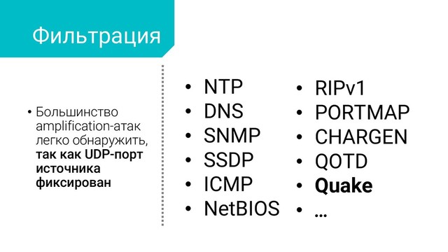 • Большинство
amplification-атак
легко обнаружить,
так как UDP-порт
источника
фиксирован
Фильтрация
• NTP
• DNS
• SNMP
• SSDP
• ICMP
• NetBIOS
• RIPv1
• PORTMAP
• CHARGEN
• QOTD
• Quake
• …
