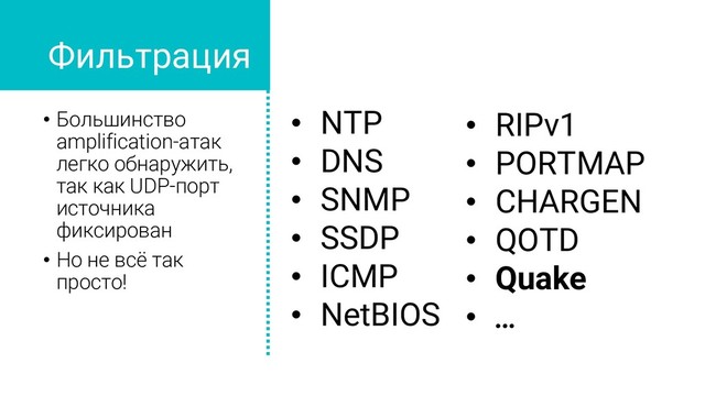 • Большинство
amplification-атак
легко обнаружить,
так как UDP-порт
источника
фиксирован
• Но не всё так
просто!
• NTP
• DNS
• SNMP
• SSDP
• ICMP
• NetBIOS
• RIPv1
• PORTMAP
• CHARGEN
• QOTD
• Quake
• …
Фильтрация
