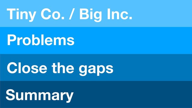 Tiny Co. / Big Inc.
Problems
Close the gaps
Summary
