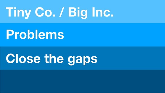 Tiny Co. / Big Inc.
Problems
Close the gaps
