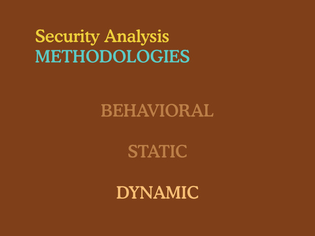 Security Analysis
METHODOLOGIES
BEHAVIORAL
STATIC
DYNAMIC
