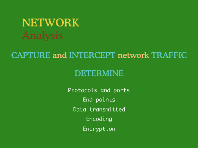 NETWORK
Analysis
CAPTURE and INTERCEPT network TRAFFIC
End-points
Data transmitted
Protocols and ports
Encoding
Encryption
DETERMINE
