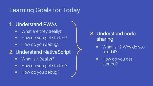 Learning Goals for Today
1. Understand PWAs
§ What are they (really)?
§ How do you get started?
§ How do you debug?
2. Understand NativeScript
§ What is it (really)?
§ How do you get started?
§ How do you debug?
3. Understand code
sharing
§ What is it? Why do you
need it?
§ How do you get
started?
