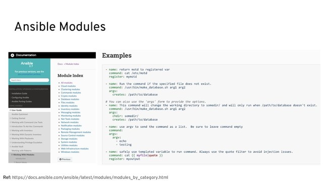 Ansible Modules
Ref: https://docs.ansible.com/ansible/latest/modules/modules_by_category.html
