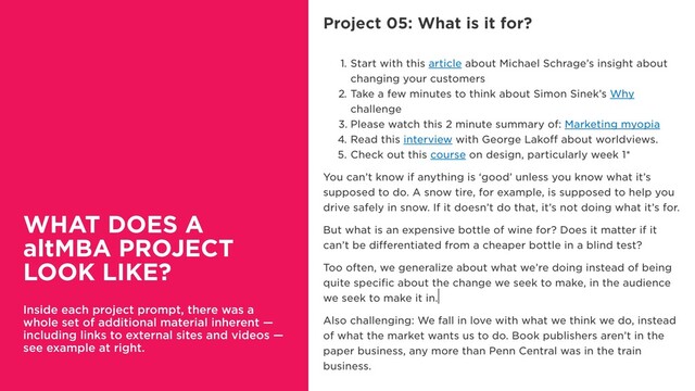 Inside each project prompt, there was a
whole set of additional material inherent —
including links to external sites and videos —
see example at right.
13
WHAT DOES A
altMBA PROJECT
LOOK LIKE?
