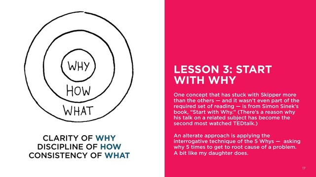 LESSON 3: START
WITH WHY
One concept that has stuck with Skipper more
than the others — and it wasn’t even part of the
required set of reading — is from Simon Sinek’s
book, “Start with Why.” (There’s a reason why
his talk on a related subject has become the
second most watched TEDtalk.)
An alterate approach is applying the
interrogative technique of the 5 Whys — asking
why 5 times to get to root cause of a problem.
A bit like my daughter does.
17
a
CLARITY OF WHY
DISCIPLINE OF HOW
CONSISTENCY OF WHAT
