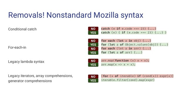 Removals! Nonstandard Mozilla syntax
Conditional catch
For-each-in
Legacy lambda syntax
Legacy iterators, array comprehensions,
generator comprehensions
catch (e if e.code === 23) {...}
catch (e) { if (e.code === 23) {...} }
for each (let a in obj) {...}
for (let a of Object.values(obj)) {...}
for each (let a in arr) {...}
for (let a of arr) {...}
arr.map(function (x) x * x);
arr.map(x => x * x);
[for (x of iterable) if (cond(x)) expr(x)]
iterable.filter(cond).map(expr)
YES
NO
YES
NO
YES
NO
YES
NO
YES
NO
