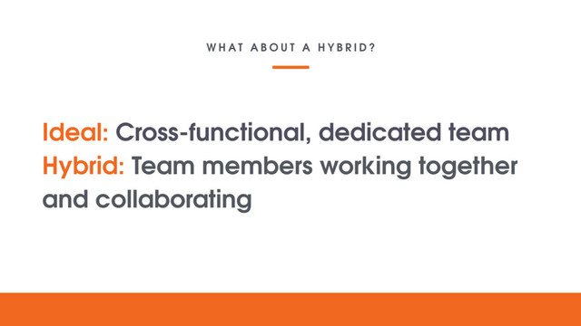 W H A T A B O U T A H Y B R I D ?
Your lovely
digital
project
Text goes here
Ideal: Cross-functional, dedicated team
Hybrid: Team members working together
and collaborating
