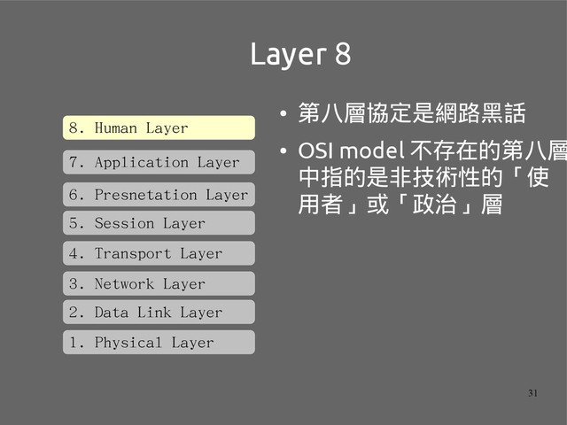 31
Layer 8
●
第八層協定是網路黑話
●
OSI model 不存在的第八層
中指的是非技術性的「使
用者」或「政治」層
1. Physical Layer
2. Data Link Layer
3. Network Layer
4. Transport Layer
5. Session Layer
6. Presnetation Layer
7. Application Layer
8. Human Layer
