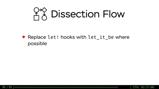 / 99
Replace let! hooks with let_it_be where
possible
86
Dissection Flow
|================================================================> | ETA: 01:57:00
