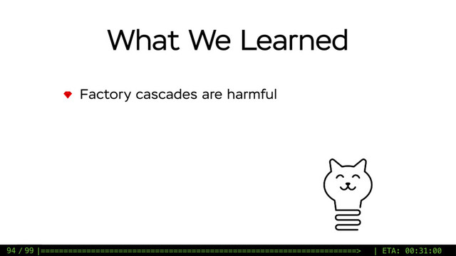 / 99
What We Learned
Factory cascades are harmful
94 |=====================================================================> | ETA: 00:31:00
