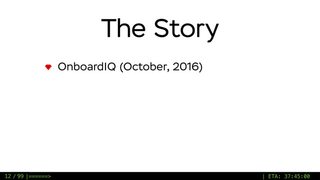 / 99
The Story
OnboardIQ (October, 2016)
12 |======> | ETA: 37:45:00
