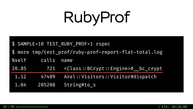 / 99
RubyProf
$ SAMPLE=10 TEST_RUBY_PROF=1 rspec
$ more tmp/test_prof/ruby-prof—report-flat-total.log
%self calls name
20.85 721 # __bc_crypt
1.12 47489 Arel ::Visitors ::Visitor#dispatch
1.04 205208 String#to_s
30 |===============> | ETA: 30:20:00
