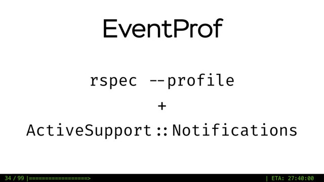 / 99
EventProf
34
rspec --profile
+
ActiveSupport ::Notifications
|==================> | ETA: 27:40:00
