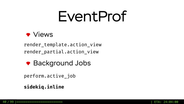 / 99
EventProf
Views
render_template.action_view
render_partial.action_view
Background Jobs
perform.active_job
sidekiq.inline
40 |========================> | ETA: 24:04:00
