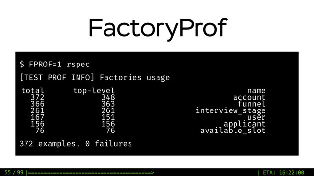 / 99
FactoryProf
55
$ FPROF=1 rspec
[TEST PROF INFO] Factories usage
total top-level name
372 348 account
366 363 funnel
261 261 interview_stage
167 151 user
156 156 applicant
76 76 available_slot
372 examples, 0 failures
|=======================================> | ETA: 16:22:00
