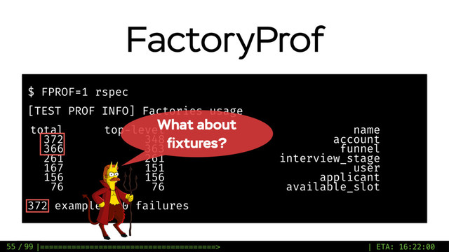 / 99
FactoryProf
55
$ FPROF=1 rspec
[TEST PROF INFO] Factories usage
total top-level name
372 348 account
366 363 funnel
261 261 interview_stage
167 151 user
156 156 applicant
76 76 available_slot
372 examples, 0 failures
What about
ﬁxtures?
|=======================================> | ETA: 16:22:00
